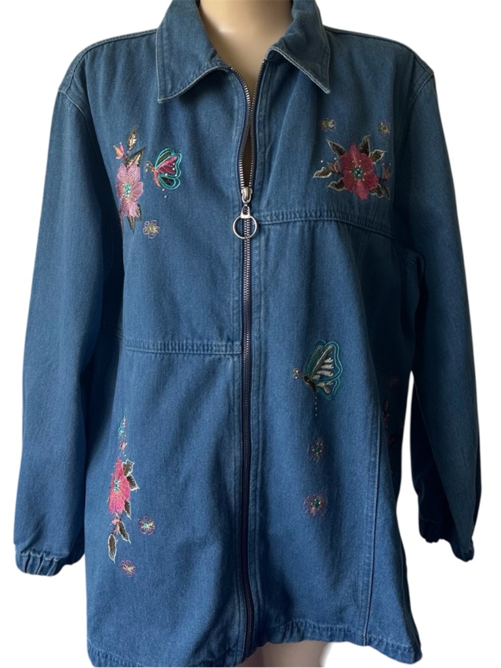 Vintage 80s Passion I Embroidered Denim Jacket Flowers Butterflies Oversize Sz S